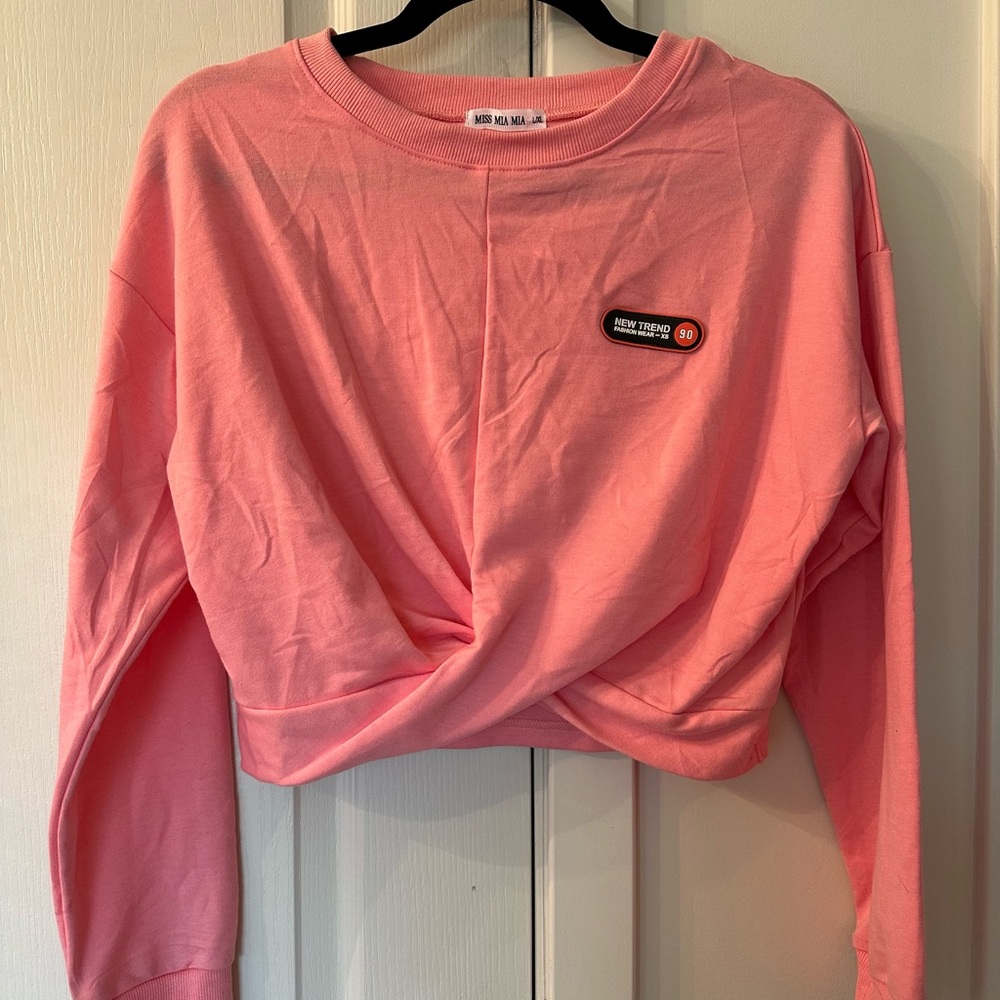 Pink Long Sleeve Cropped Hoodie with Tie Front